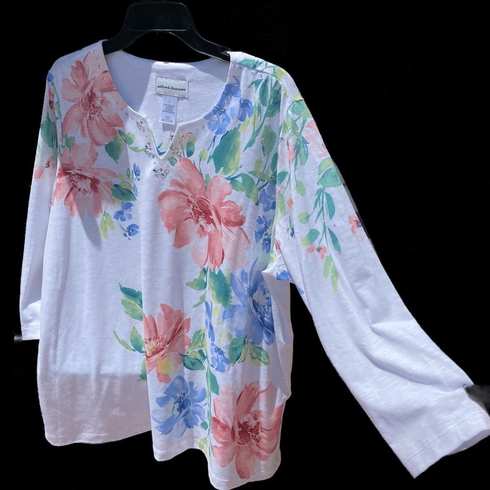 White long sleeve T-shirt with pink and blue floral print